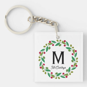 Porte-clefs Monogramme initial - couronne de Noël