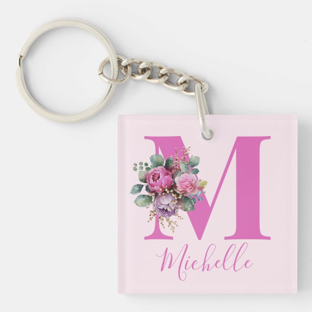 Porte-clefs Monogramme Initial Nom Fleurs Aquarelle Rose (Devant)