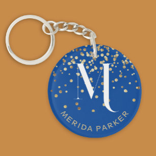 Porte-clefs Monogramme Initial Nom Moderne Bleu Blanc