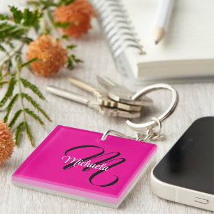 Porte-clefs Monogramme initial nom moderne minimaliste rose ch
