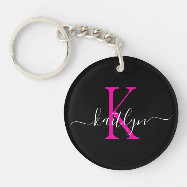 Porte-clefs Monogramme Initial Nom Rose Chaud Noir (Devant)