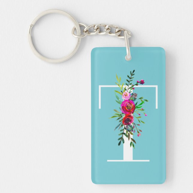 Porte-clefs Monogramme Initiale Fleurie Lettre T Couleur Perso (Devant)