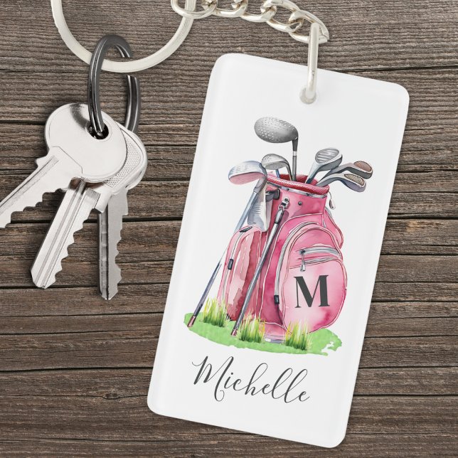 Porte-clefs Monogramme Initiale Nom Rose Golf (Pink Initial Name Monogram Golf Keychain)