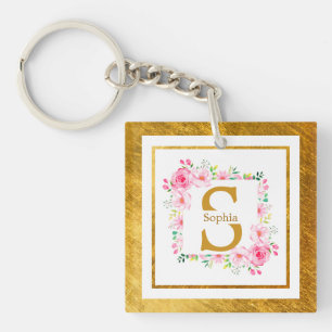 Porte-clefs Monogramme Initiale "S" Floral - Roses Roses & Or