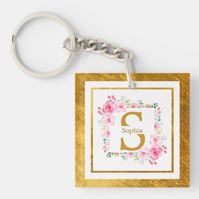 Porte-clefs Monogramme Initiale "S" Floral - Roses Roses & Or (Devant)