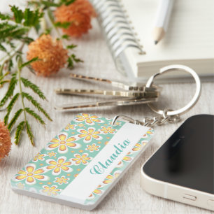 Porte-clefs Monogramme joli fleurs orange sur vert