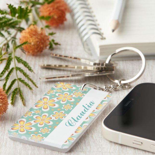 Porte-clefs Monogramme joli fleurs orange sur vert (Devant droit)