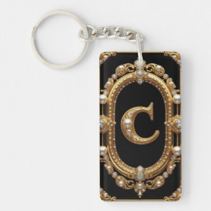 Porte-clefs Monogramme Lettre C Or Avec Diamants et Perles