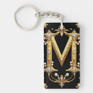Porte-clefs Monogramme lettre M en or avec diamants et perles