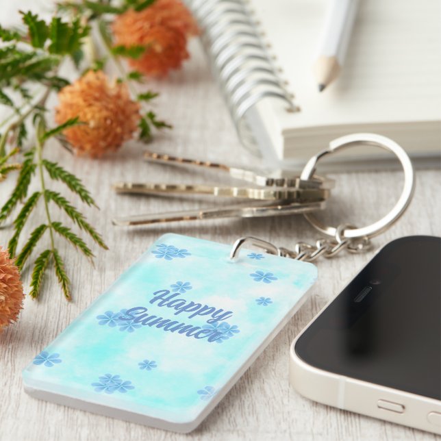 Porte-clefs monogramme mignon rétro bleu floral script initial (Devant droit)