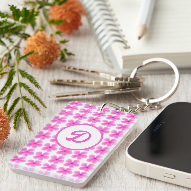 Porte-clefs monogramme mignon rétro floral rose première coutu (Devant droit)