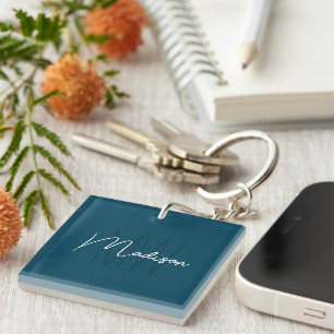 Porte-clefs Monogramme Minimaliste Moderne Nom Bleu Script
