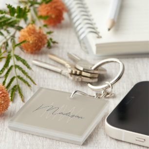 Porte-clefs Monogramme minimaliste moderne Nom de script beige