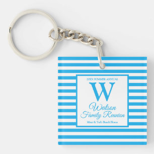 Porte-clefs Monogramme moderne Bleu clair Bleu rayures Famille
