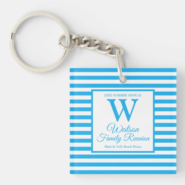 Porte-clefs Monogramme moderne Bleu clair Bleu rayures Famille (Devant)