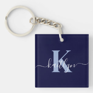Porte-clefs Monogramme Moderne en Écriture Manuscrite Bleu Nui