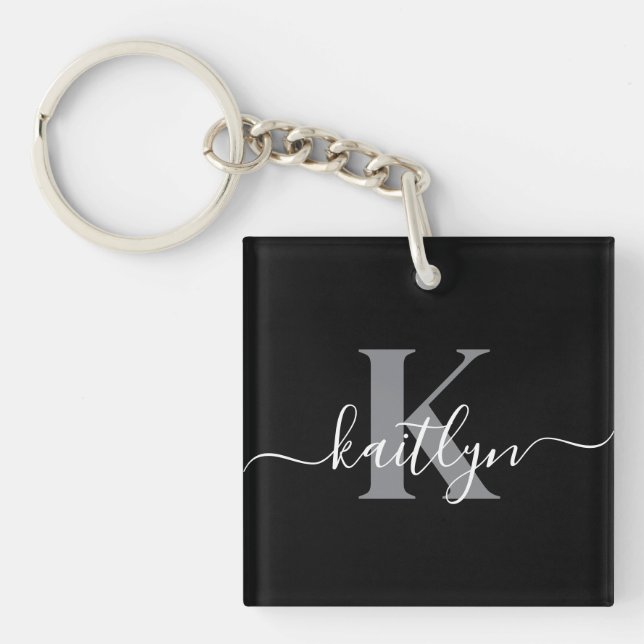 Porte-clefs Monogramme moderne gris noir script (Devant)