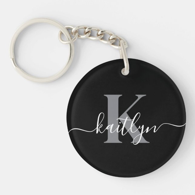 Porte-clefs Monogramme moderne gris noir script (Devant)