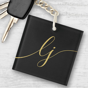 Porte-clefs Monogramme Moderne Minimal Élégant Black Gold Scri