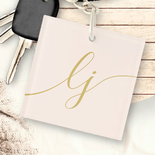 Porte-clefs Monogramme Moderne Minimal Élégant Blush Gold Scri