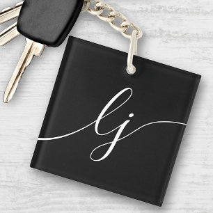 Porte-clefs Monogramme moderne minimal élégant noir blanc Scri