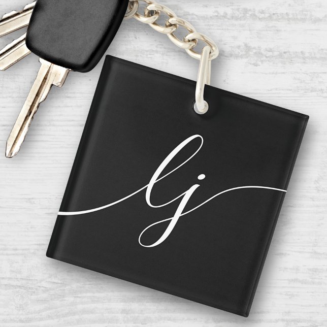 Porte-clefs Monogramme moderne minimal élégant noir blanc Scri (Créateur téléchargé)