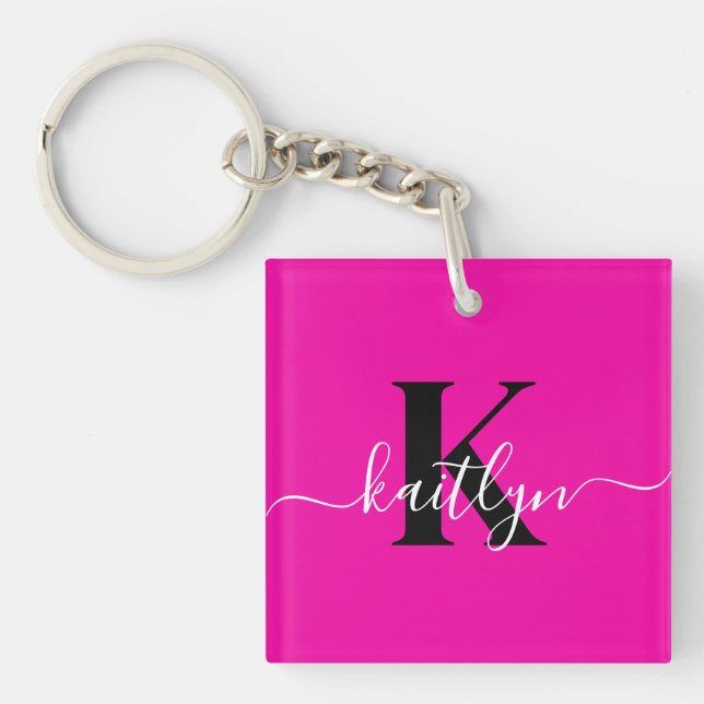 Porte-clefs Monogramme moderne rose noir écriture script (Devant)