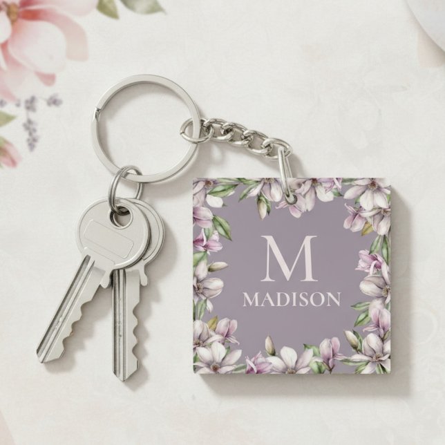 Porte-clefs Monogramme Monogramme Magnolia Floral Personnalisé (Créateur téléchargé)