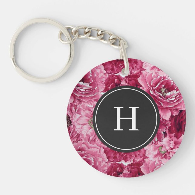 Porte-clefs Monogramme Motif de pivoines roses chaudes (Devant)