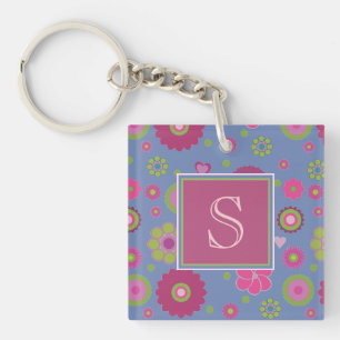 Porte-clefs Monogramme Motif rose et bleu