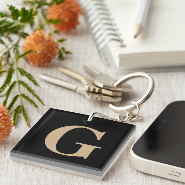 Porte-clefs Monogramme noir et beige simple et moderne (Devant Droit)