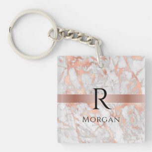 Porte-clefs Monogramme noir et nom, marbre blanc et or rose