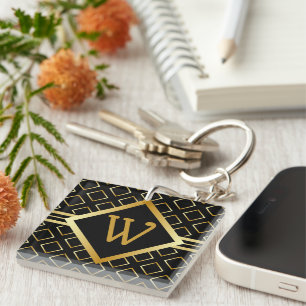 Porte-clefs monogramme noir et rayures de faux or initiales un