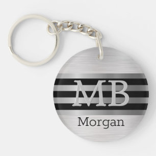 Porte-clefs Monogramme/Nom DIY Bk/Rayures Argent Brossé Argent
