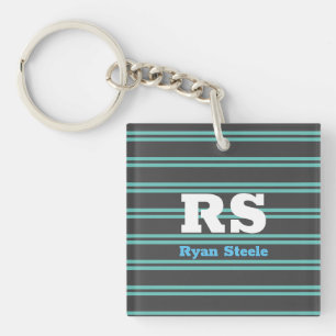 Porte-clefs Monogramme & nom en gras, lignes sarcelle clair su