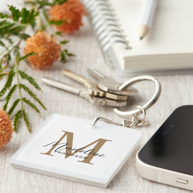 Porte-clefs Monogramme Or Calligraphie Script Minimal Blanc (Devant Droit)