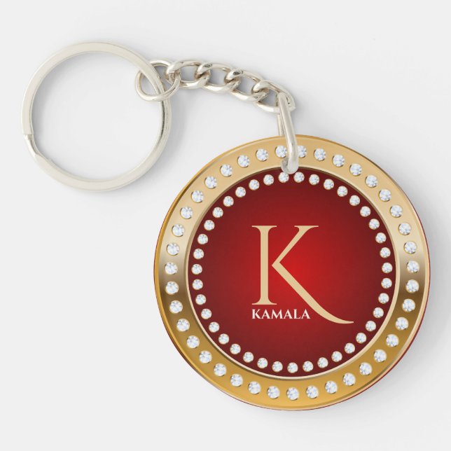 Porte-clefs Monogramme or et rouge diamants blancs (Devant)