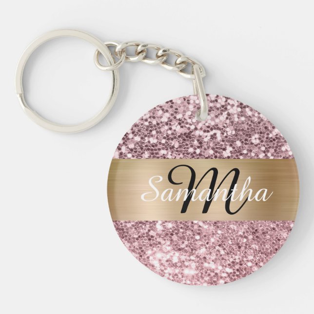Porte-clefs Monogramme pailleté rose pâle et feuille d'or (Devant)