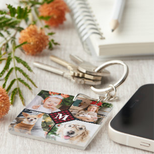 Porte-clefs Monogramme personnalisé 4 photo rouge bison plaqu