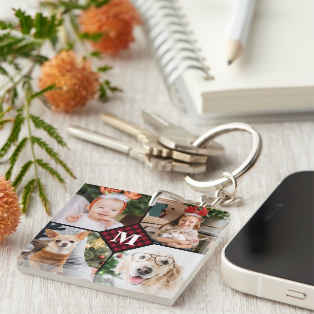 Porte-clefs Monogramme personnalisé 4 photo rouge bison plaqué (Devant Droit)