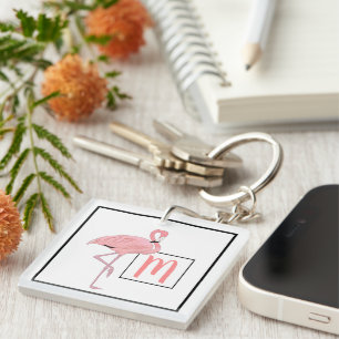 Porte-clefs Monogramme personnalisé Art mignon flamant rose aq