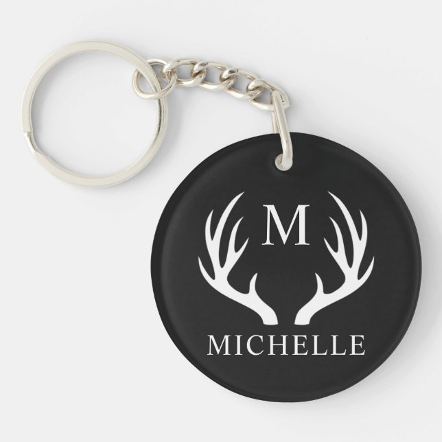 Porte-clefs Monogramme personnalisé avec Antler Cerf Blanc Noi (Devant)