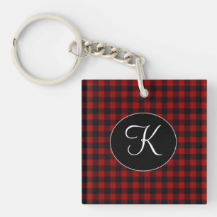 Porte-clefs Monogramme personnalisé carreau de buffle rouge et