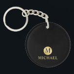Porte-clefs Monogramme personnalisé de luxe noir et or<br><div class="desc">Luxe White et Gold Design avec monogramme noir en cercle or élément avec nom en or style de police professionnelle sur arrière - plan noir. Parfait comme cadeaux de fête des pères pour papa, cadeaux pour grand-père, mari, groomsman et plus. Remarque : Les détails du papier sont simulés dans l'illustration....</div>