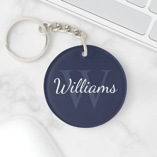 Porte-clefs Monogramme personnalisé et nom Navy Blue