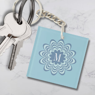 Porte-clefs Monogramme personnalisé Fleur bleue Abstraite init