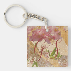 Porte-clefs Monogramme personnalisé Gold Shimmer & Rose Floral