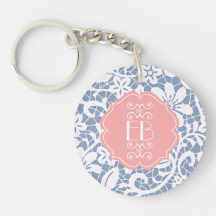 Porte-clefs Monogramme personnalisé par dentelle vintage bleu