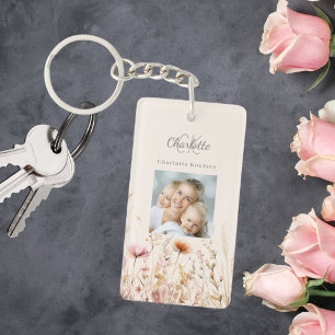 Porte-clefs monogramme photo beige fleur sauvage