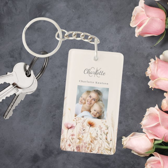 Porte-clefs monogramme photo beige fleur sauvage (Créateur téléchargé)